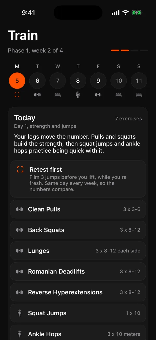 Train tab: the week, today's session, retest first, then Clean Pulls, Back Squats, Lunges